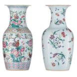 Two Chinese famille rose vases, one decorated with cockerels and flower branches, the other with flo