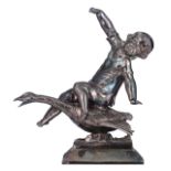 Pigalle J., a very dense silver-plated sculpture representing a boy riding a goose, H 33,5 cm