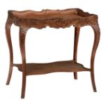 A Louis XV style richly carved basso-relievo walnut and walnut veneered tray top tea table, H 73,5 -