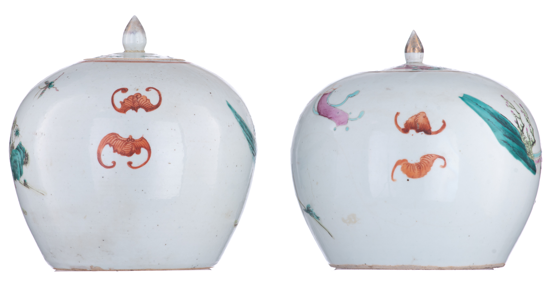 A pair of Chinese famille rose ginger jars, decorated with playing boys in a garden, 19thC, H 23,5 c - Image 3 of 6