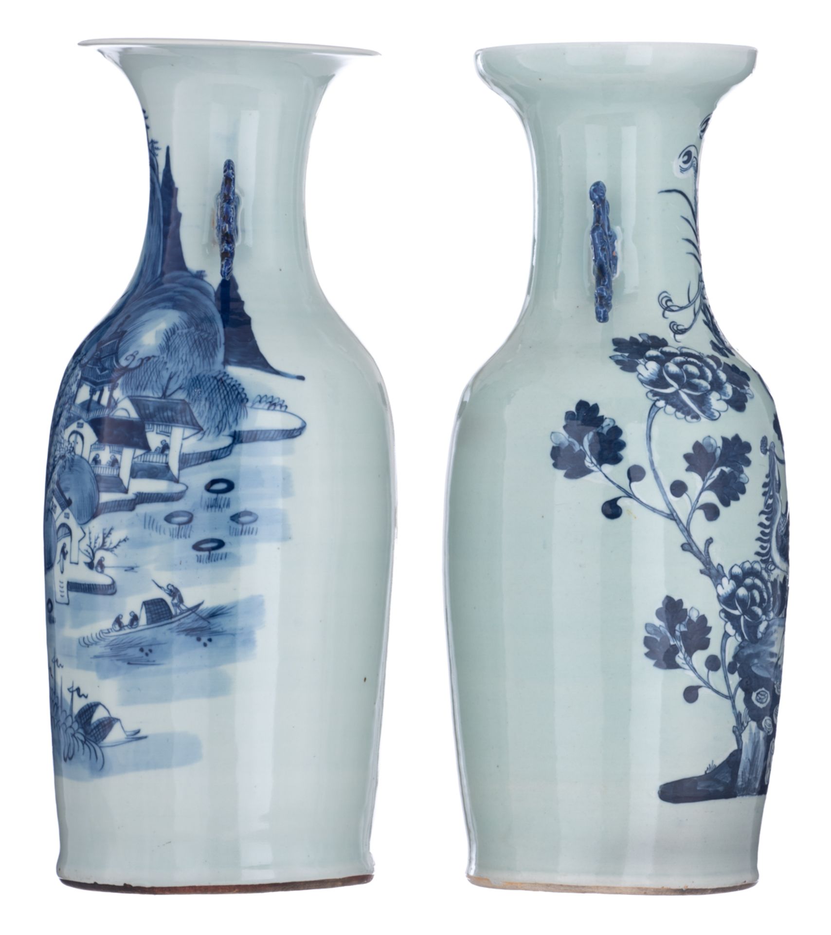 A Chinese celadon ground blue and white vase, decorated with phoenix among flowers; added a ditto va - Image 4 of 6