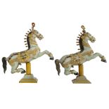 Two wooden polychrome painted prancing carousel horses, H 114 - W 102 - D 27 cm