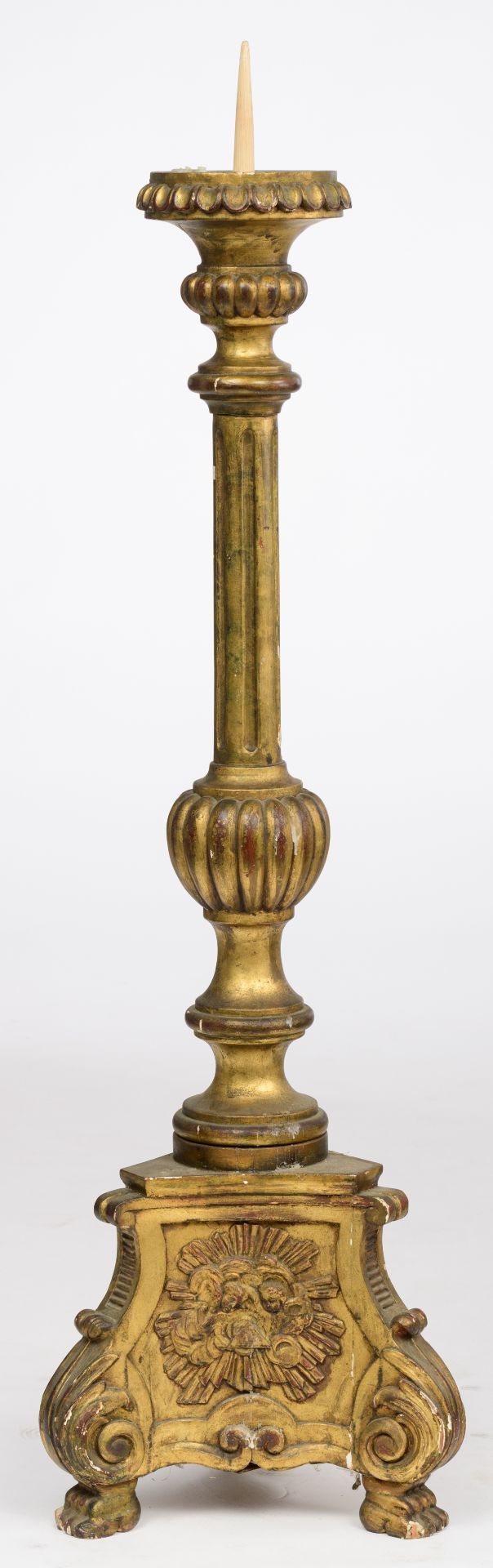 A large gilt wooden Baroque style altar candlestick, H 145 cm - Bild 3 aus 13