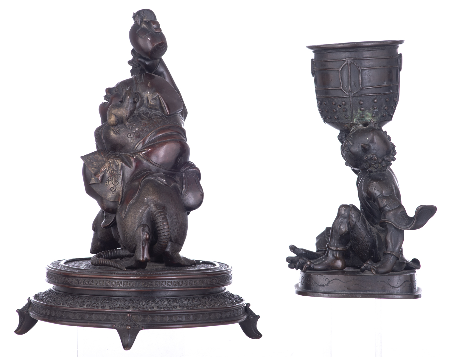A Japanese bronze statue of the Buddhist god Daikoku, seated on a rat, on a base; added a ditto stat - Image 2 of 6