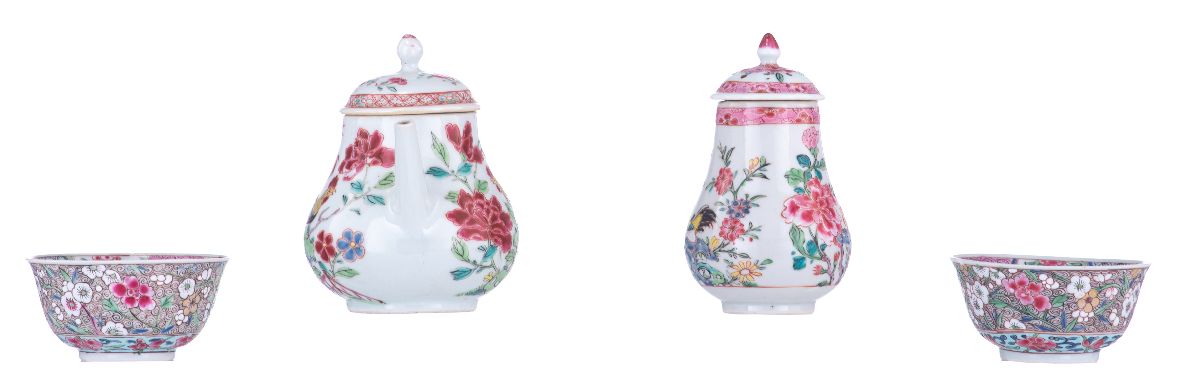 A Chinese famille rose export porcelain 'cockerel' teapot and sugar caster; added two ditto cups and - Image 5 of 7