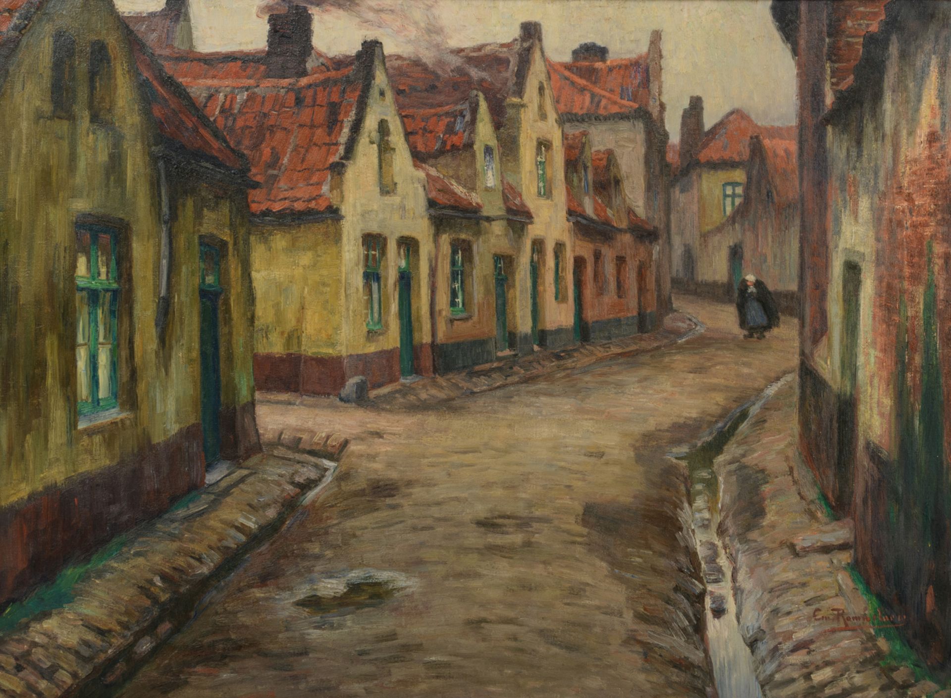 Rommelaere E., a view of the 'Blekersstraat' in Bruges, oil on canvas, 101 x 137 cm