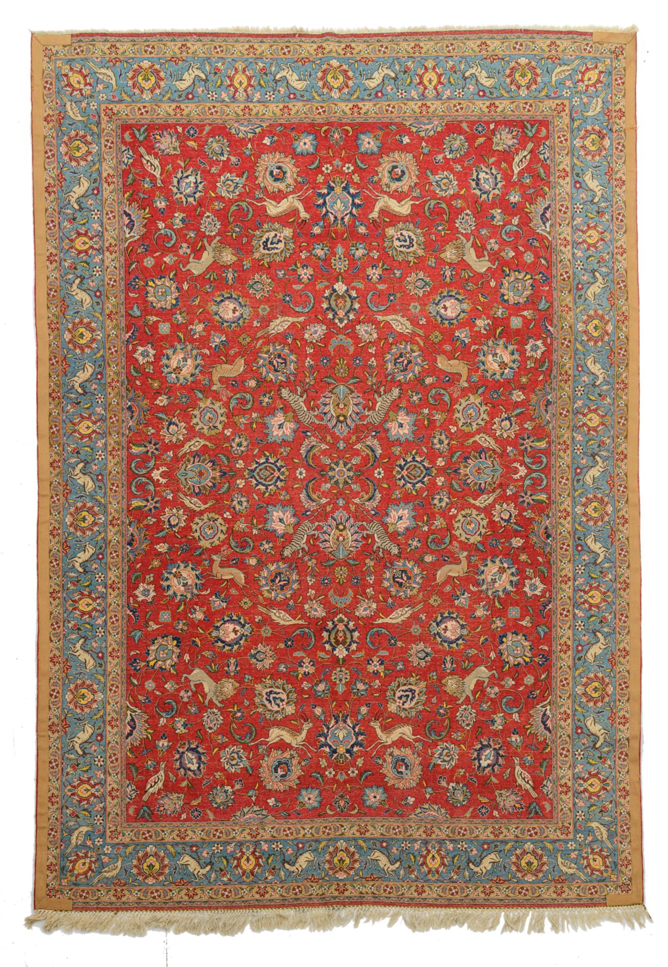 An Oriental woollen rug, decorated with hunting lions, deer and birds surrounded by flowers, 234 x 3 - Image 2 of 5