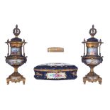 A pair of bleu royale ground Sèvres type vases, with gilt bronze mounts, the roundels polychrome dec