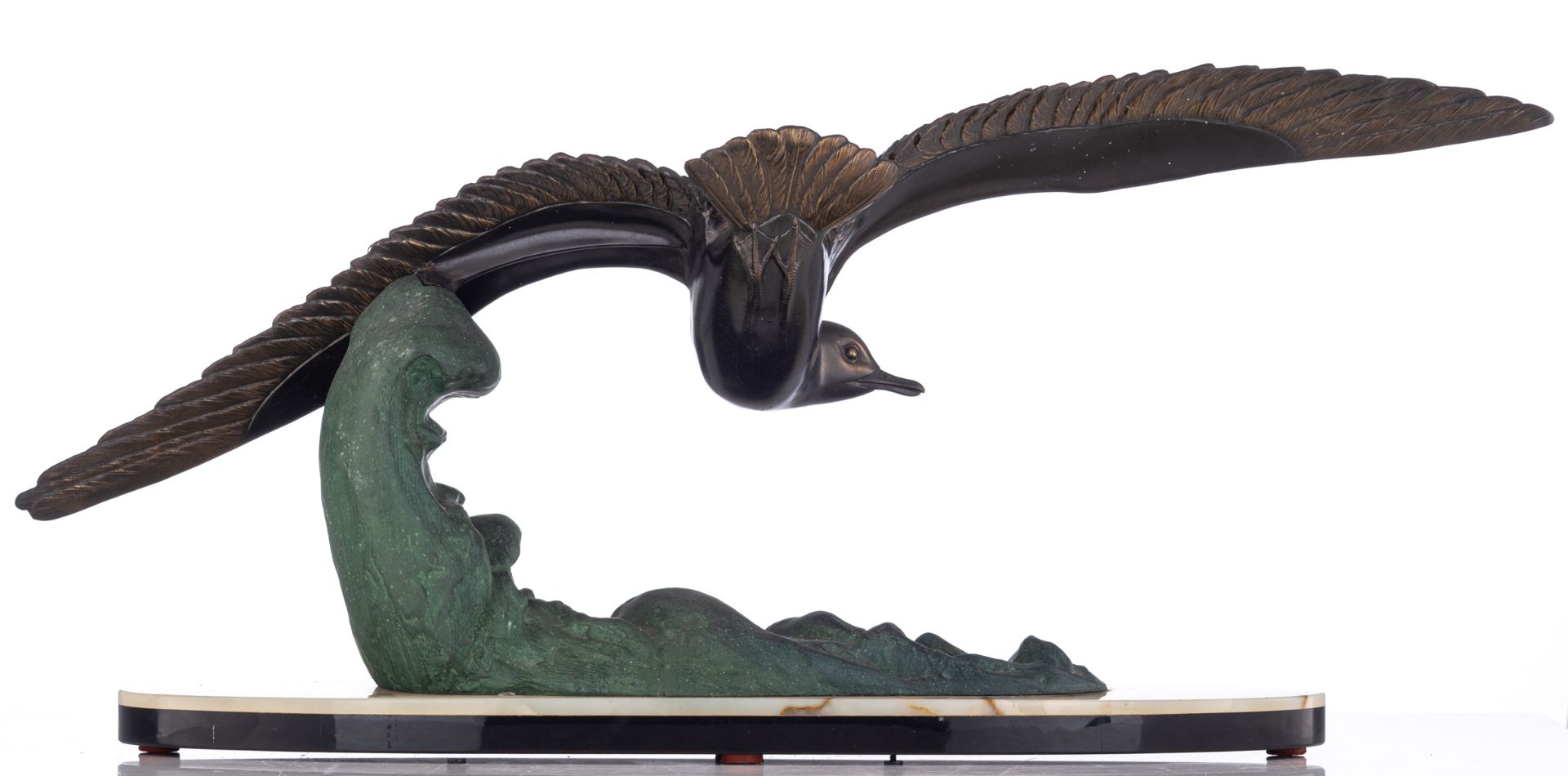 Leducq M, a flying gull, an Art Déco sculpture in patinated zamac on a green onyx and noir Belge mar - Bild 4 aus 7