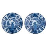 Two blue and white decorated Wanli inspired Dutch Delftware chargers, the centre depicting insects i