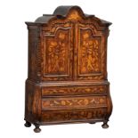 A rare and charming Dutch marquetry cabinet 'pièce de maîtrise', walnut and burr walnut veneered; th