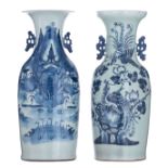 A Chinese celadon ground blue and white vase, decorated with phoenix among flowers; added a ditto va