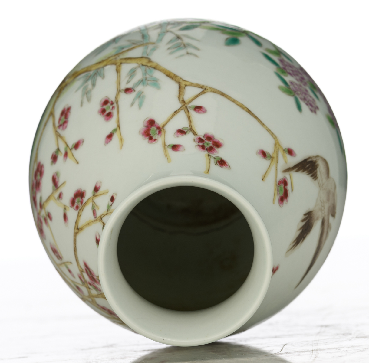 A Chinese famille rose hu vase, finely painted with birds on flower branches, with a Tongzhi mark, H - Image 5 of 7