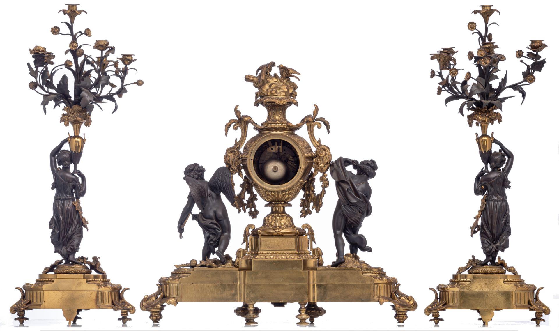 An imposing gilt and patinated bronze Neoclassical three-piece mantle clock garniture, the clock dec - Image 3 of 9