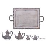 A five-piece German 925/000 silver Rococo Revival coffee and tea set, H 12 - 24 cm / the serving tra