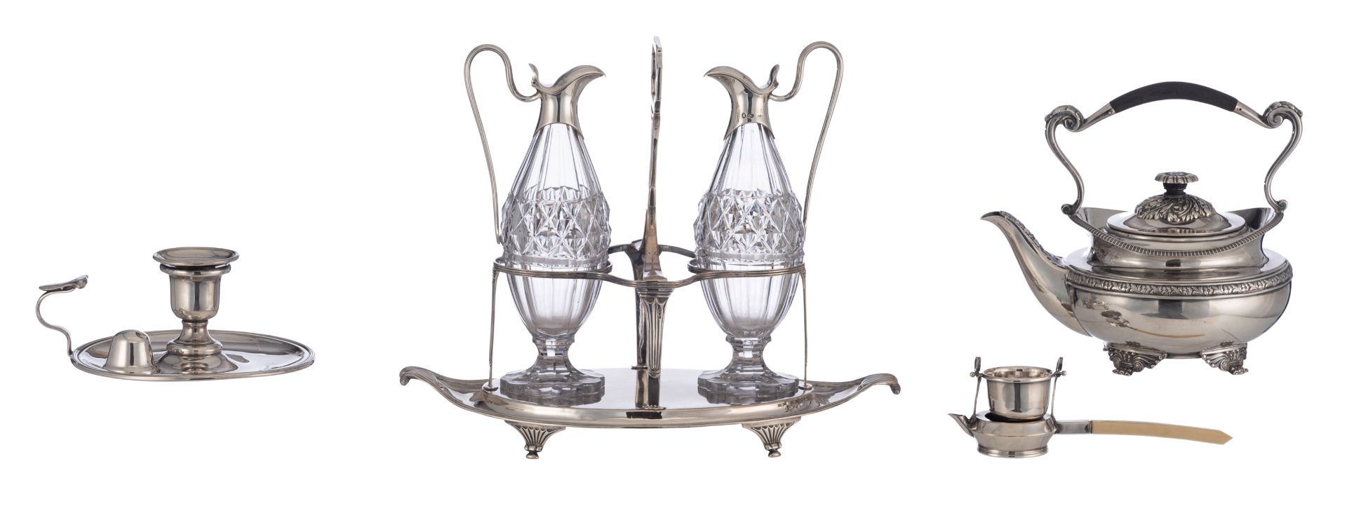 Four 19th & 20thC silver items consisting of an oil and vinegar set with its original cut crystal fl