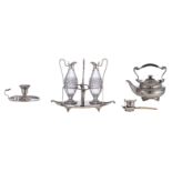 Four 19th & 20thC silver items consisting of an oil and vinegar set with its original cut crystal fl