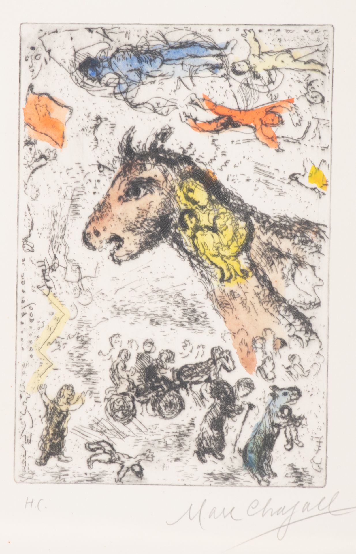 Chagall M., the dream, a hand-coloured etching, 'Hors Commerce', 16,4 x 24 cm Is possibly subject of