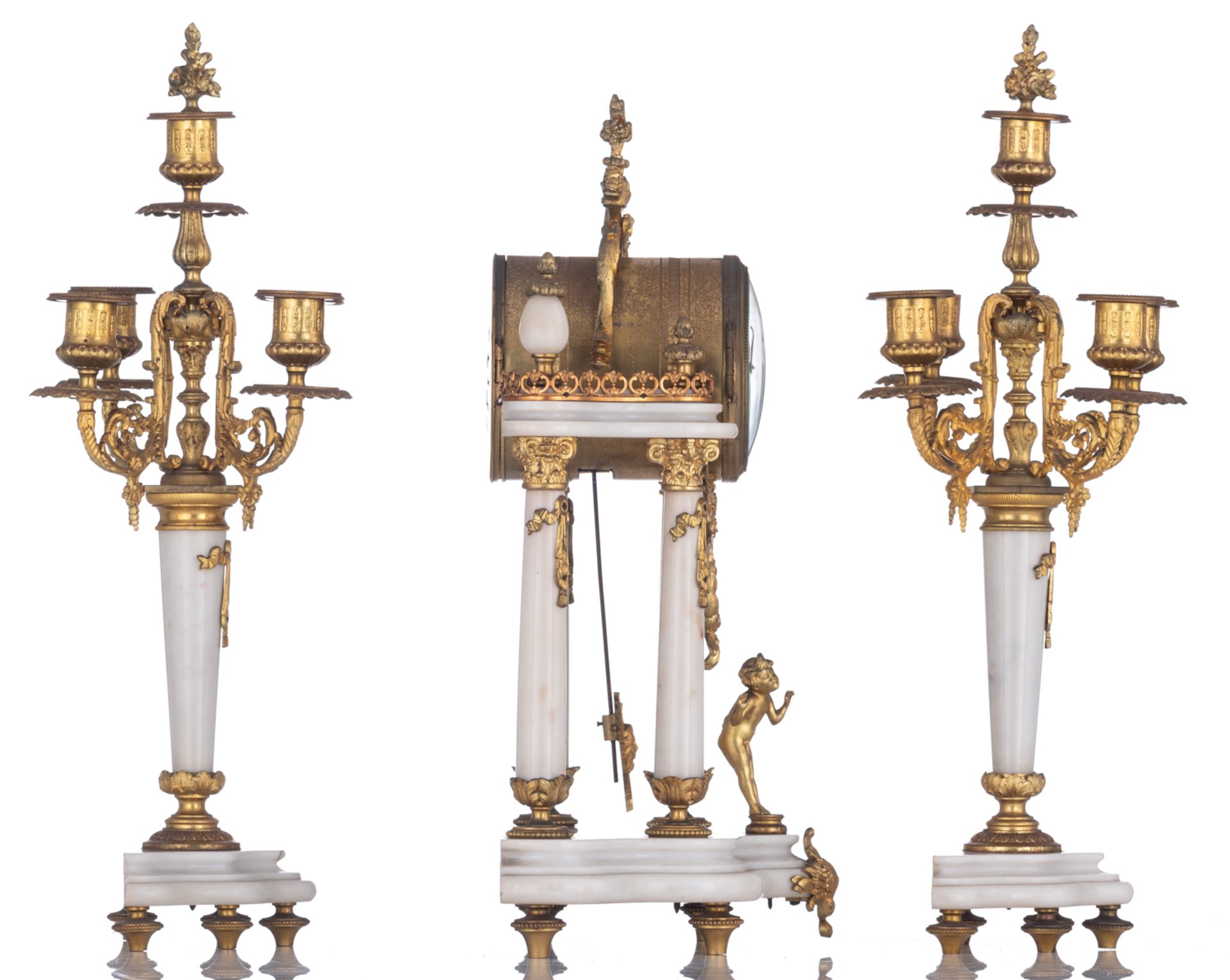 A fine gilt bronze and Carrara marble Neoclassical three-piece clock garniture, the inside mechanism - Image 4 of 9