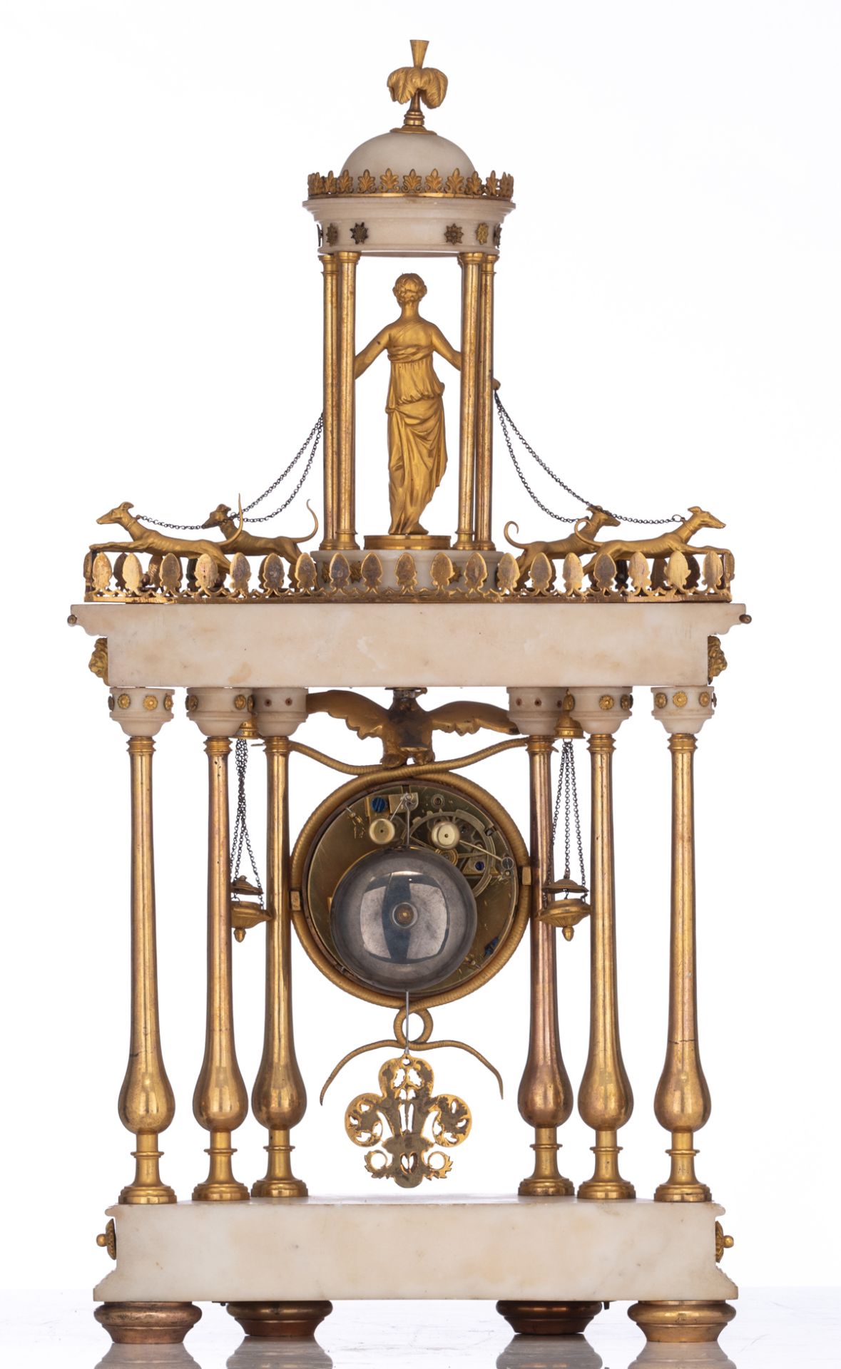 A fine Carrara marble and gilt bronze Louis XVI portico clock, on top of the dial, an eagle is crush - Image 3 of 9