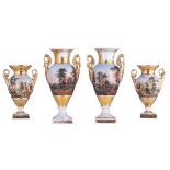 Two pair of gilt decorated 'Vieux Paris' vases, the roundels depicting pastoral landscapes, the bigg