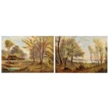 A pair of fine handpainted porcelain plaques, depicting forest views, indistinctly signed, marked Au