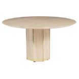 A brass and travertine round dining table, in the manner of Belgo Chrom, H 73 - ø 135,5 cm