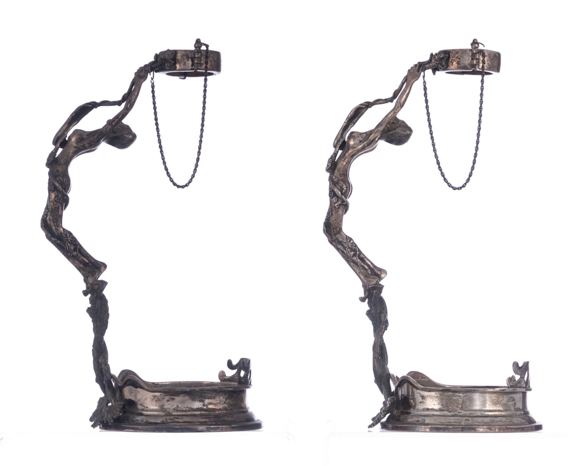 A pair of 925/000 silver wine bottle holders, both shaped as nymphs holding the bottleneck, probably - Image 3 of 9
