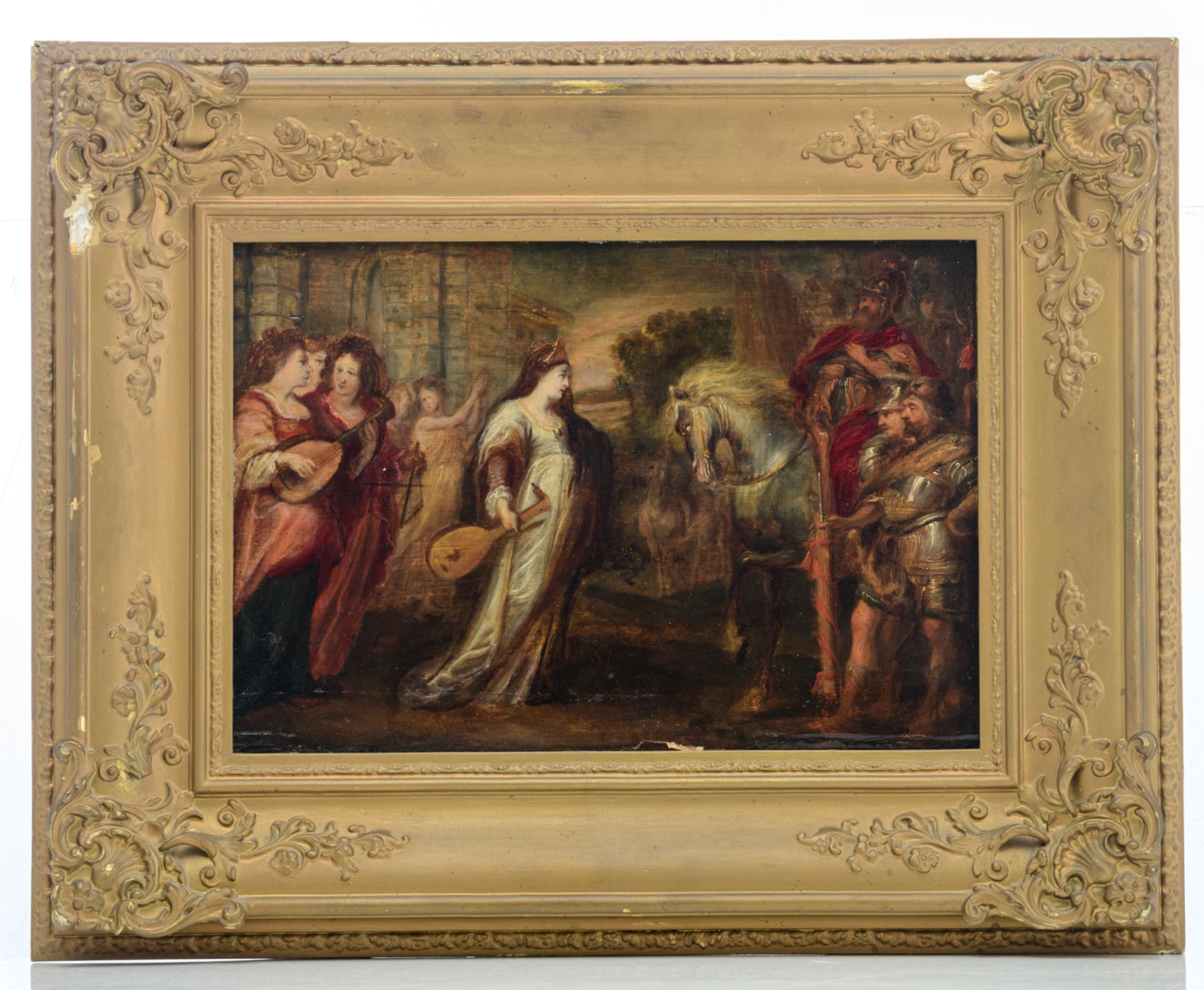 No visible signature, a Roman mythological scene, 17thC, oil on panel, 24 x 35 cm - Image 2 of 6