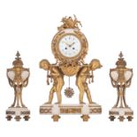 A Neoclassical Carrara marble and gilt bronze three-piece mantle clock garniture, decorated with two