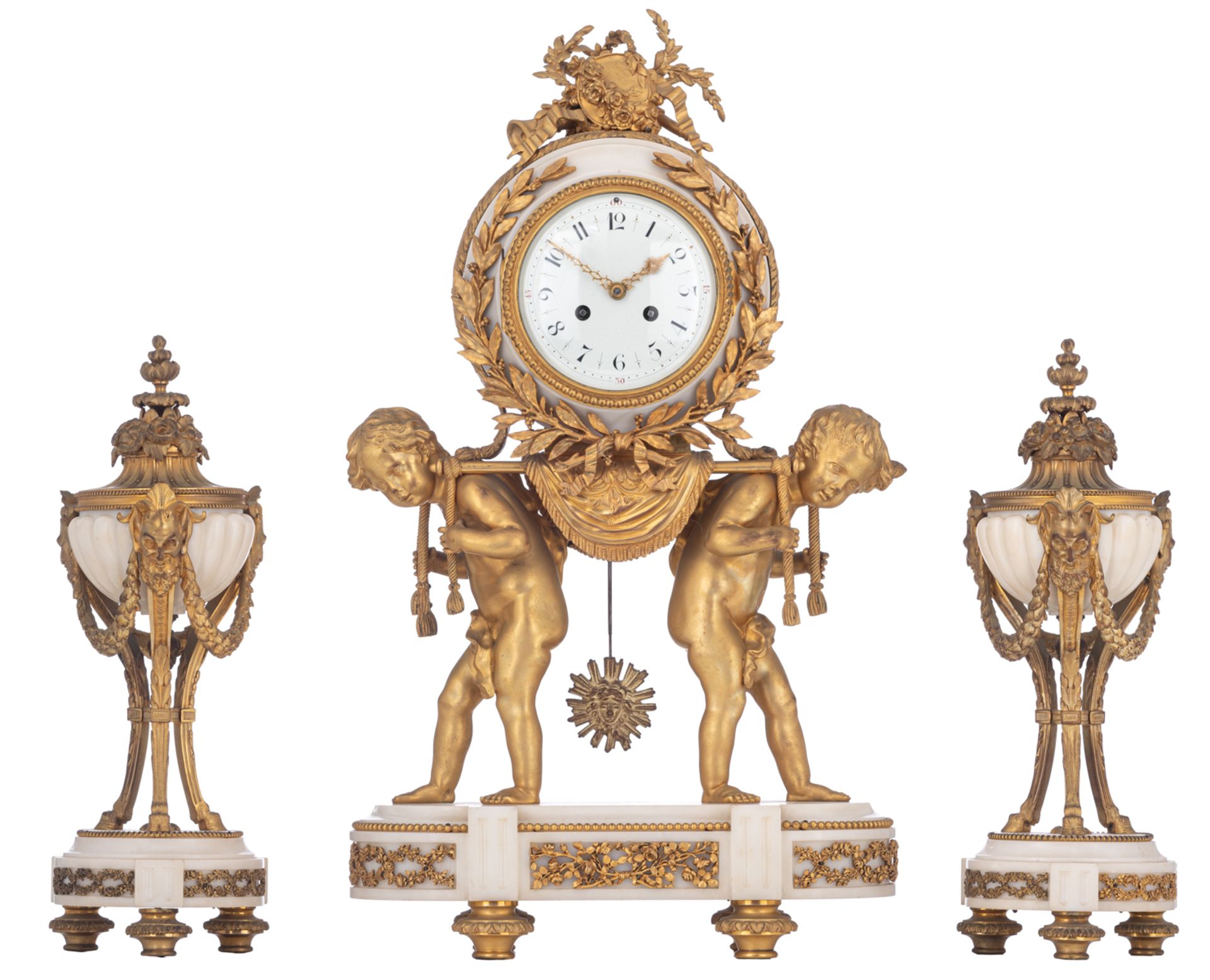 A Neoclassical Carrara marble and gilt bronze three-piece mantle clock garniture, decorated with two