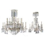 An imposing cut glass waterfall chandelier, H 103 - ø 95 cm; added: a smaller matching one, H 95 - W