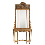 A Neoclassical gilt wooden console with a pier glass, the console with a Brèche marble top, and on t