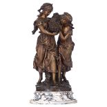 Moreau H.F., 'the grape harvest', a patinated spelter sculpture on a grey veined white marble, H 57