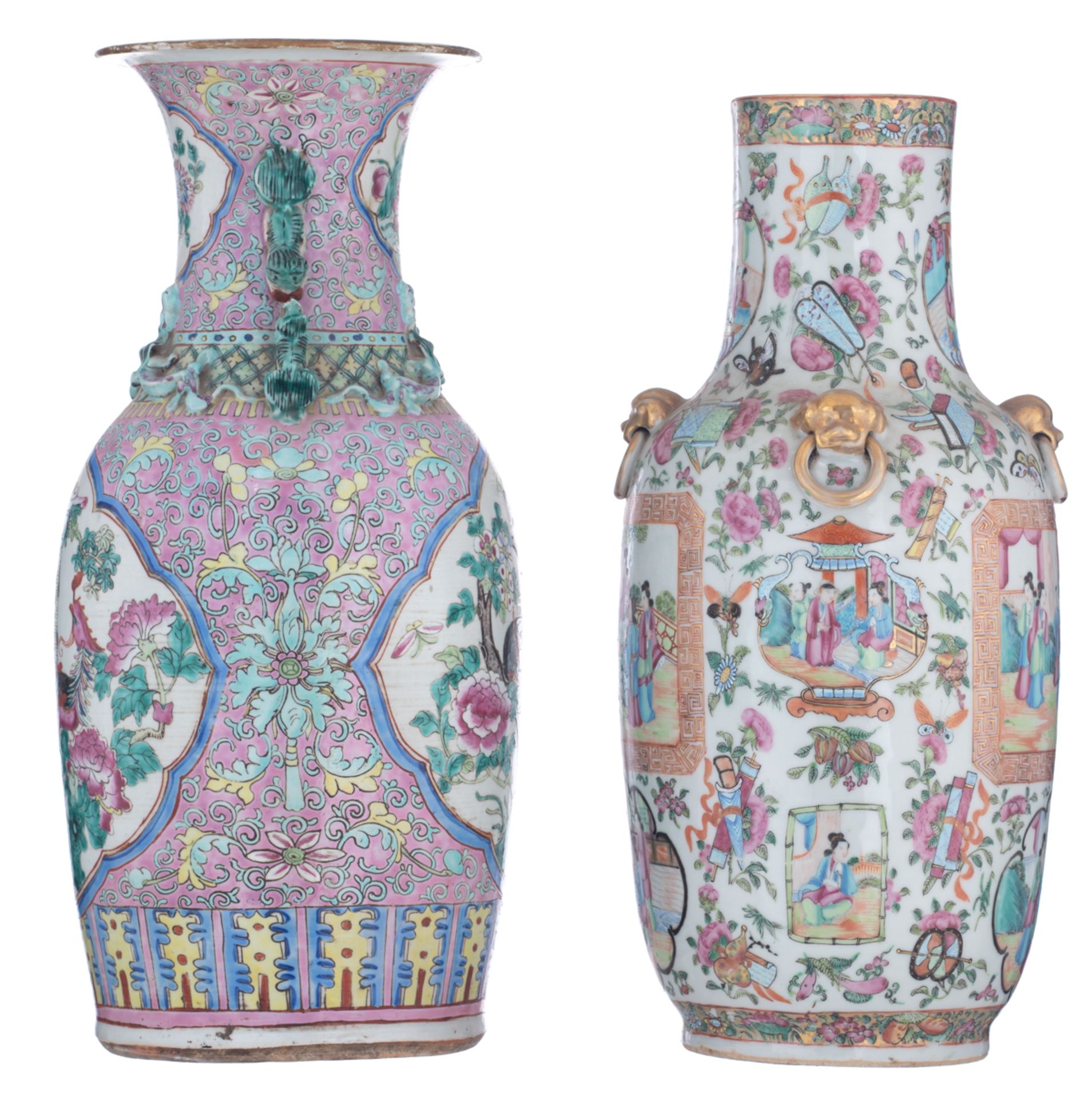 A Chinese Canton famille rose floral decorated vase, the panels with animated scenes with figures; a - Bild 2 aus 7