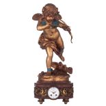 A rouge royal mantle clock, with on top a gilt bronze cupid firing an arrow, signed Houdon, the base