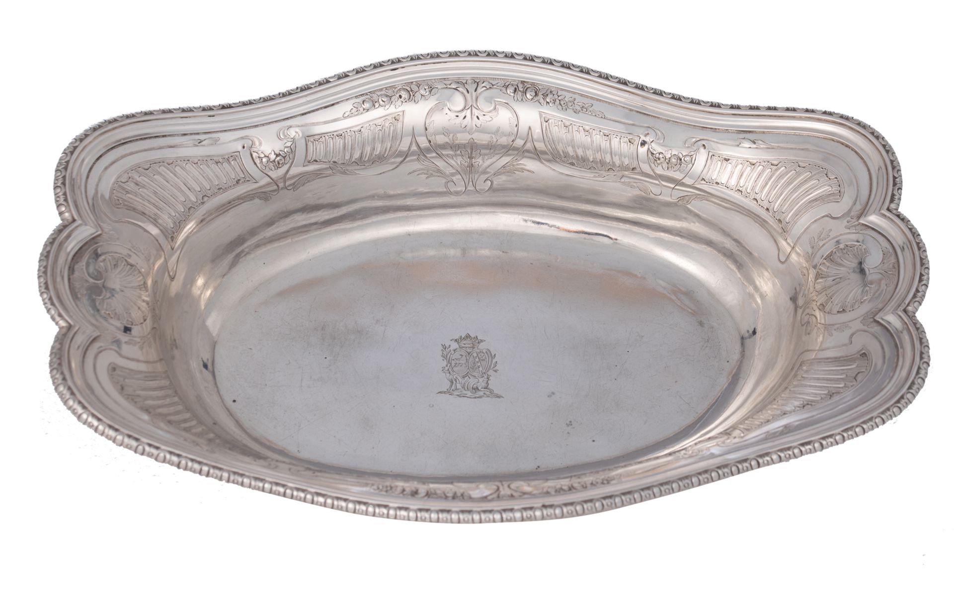 An 18thC probably French (Paris) silver Régence style bread basket, the well with an engraved coat o