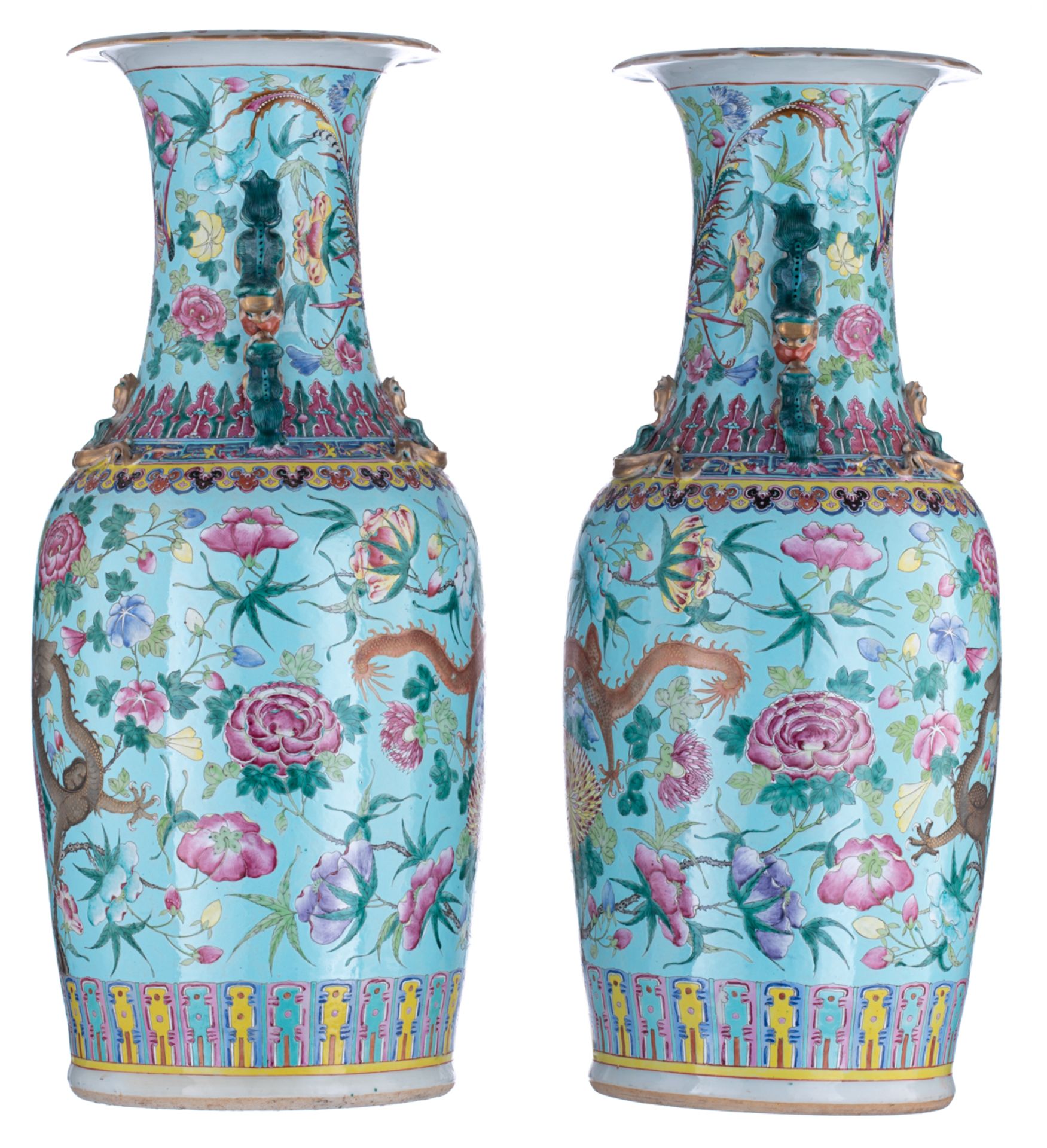 A pair of large Chinese turquoise ground and polychrome vases, decorated with flowers, dragons and p - Bild 2 aus 13