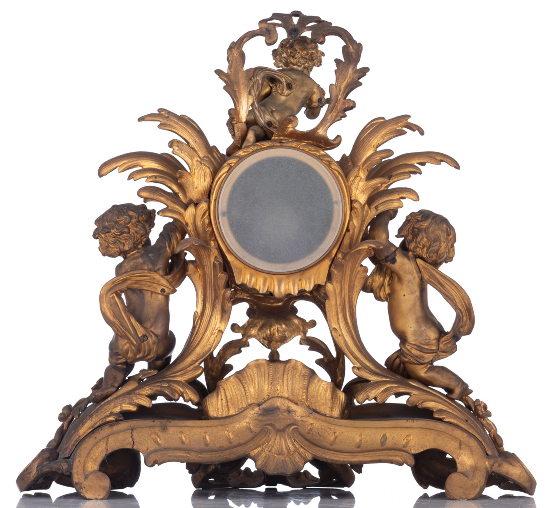 A fine gilt bronze Rococo Revival mantle clock, decorated with putti, the inside mechanism marked 'M - Image 3 of 11