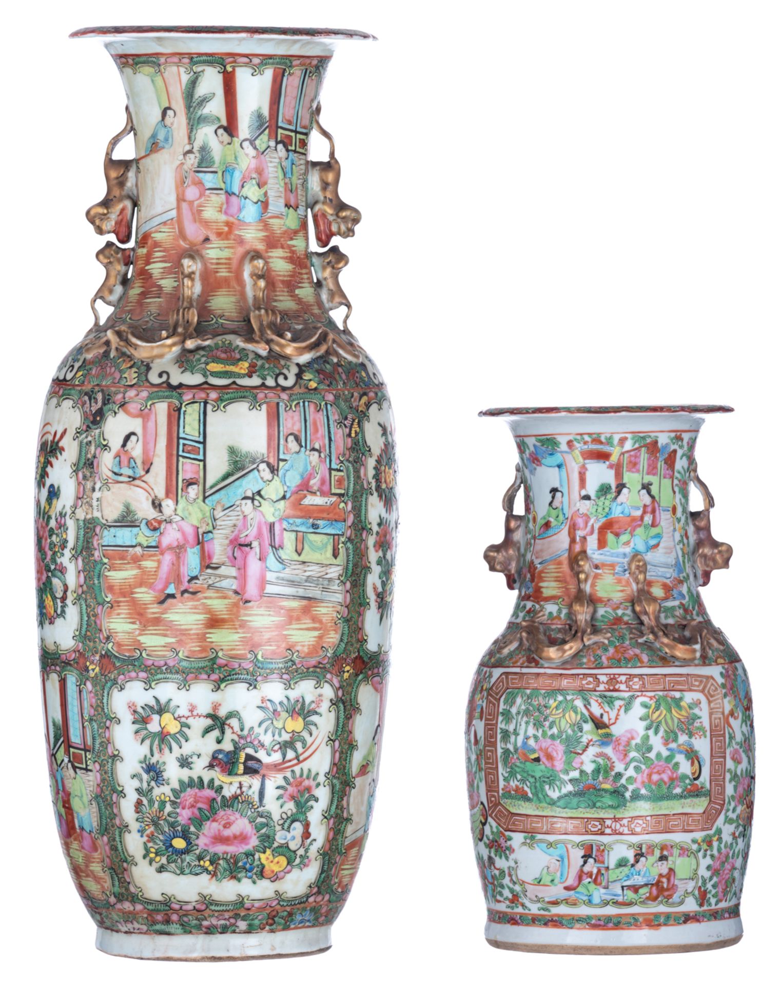 Two Chinese Canton polychrome vases, decorated with figures, birds and flowers, H 35,5 - 60 cm - Image 2 of 7