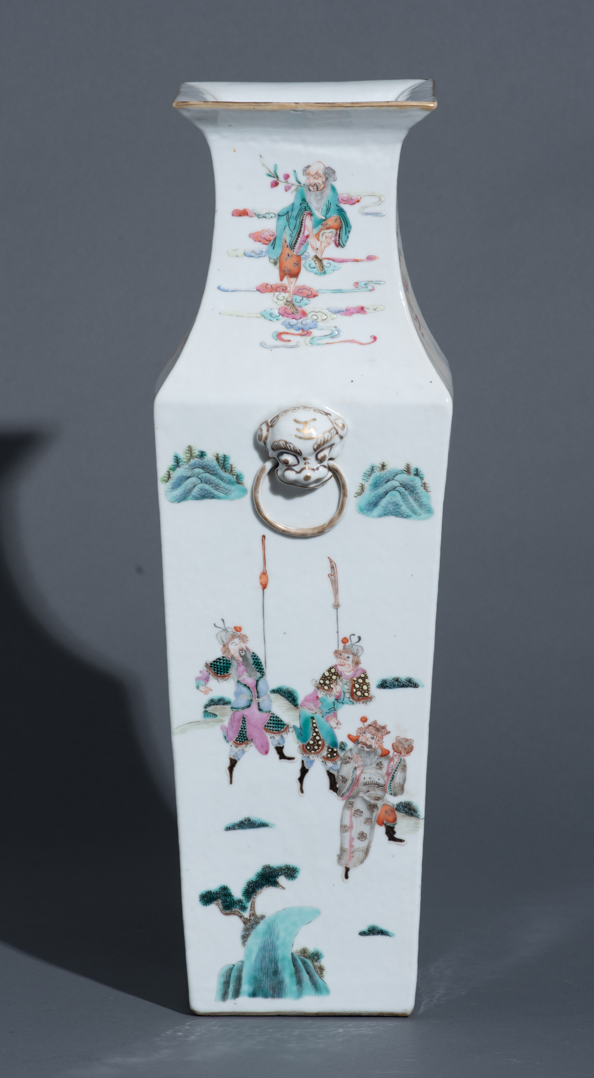A Chinese famille rose fanghu vase, decorated with the Eight Immortals, paired with Fu-lion head han - Image 5 of 8