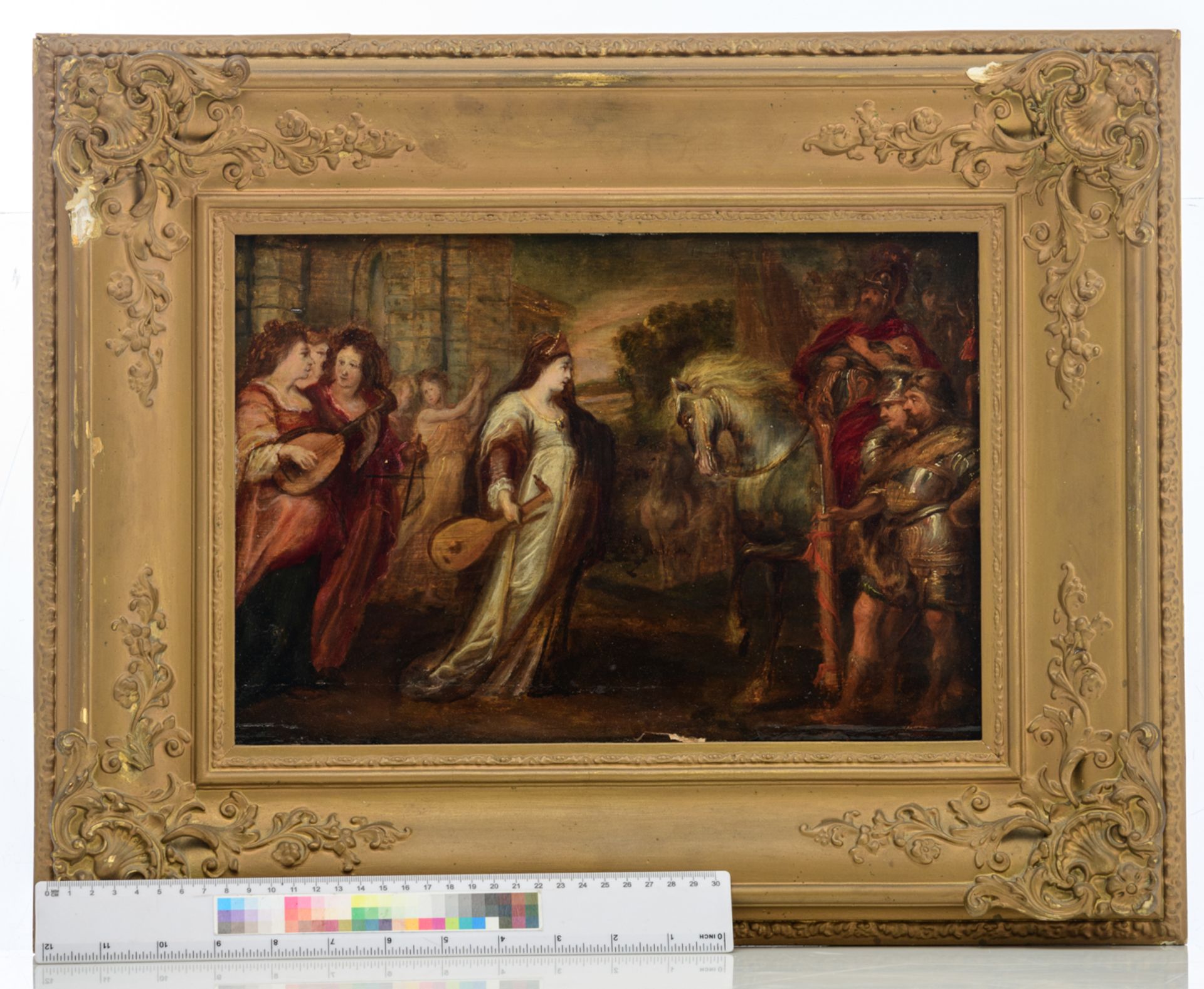 No visible signature, a Roman mythological scene, 17thC, oil on panel, 24 x 35 cm - Image 6 of 6