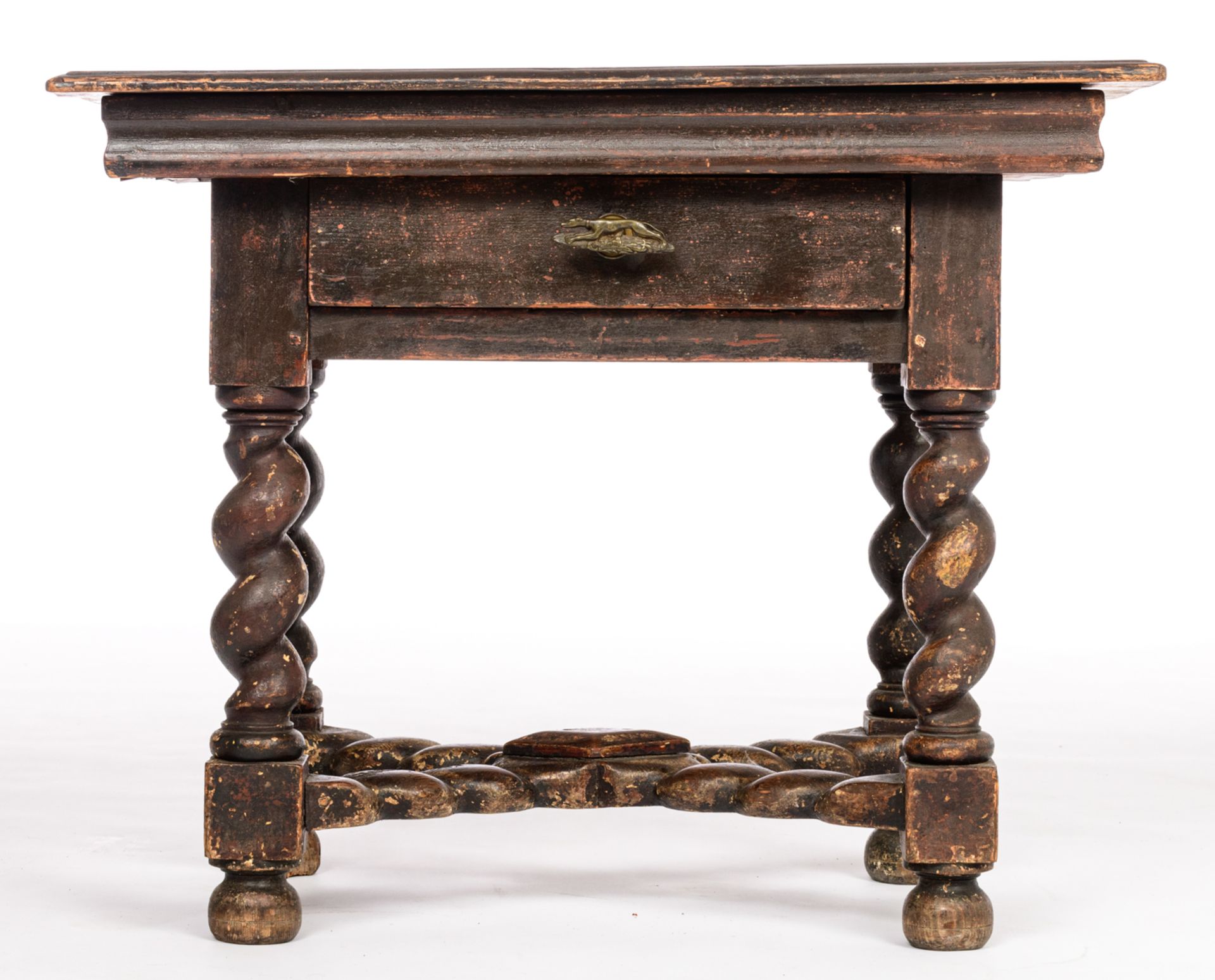 A Southern Europe Baroque style polychrome decorated pine table, with spiral, turned legs, the reser - Bild 2 aus 10
