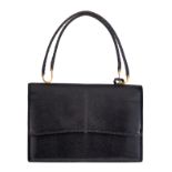 A Delvaux top handle handbag in black snake leather, with a matching mirror inside, H 17,5 - 33,5 -