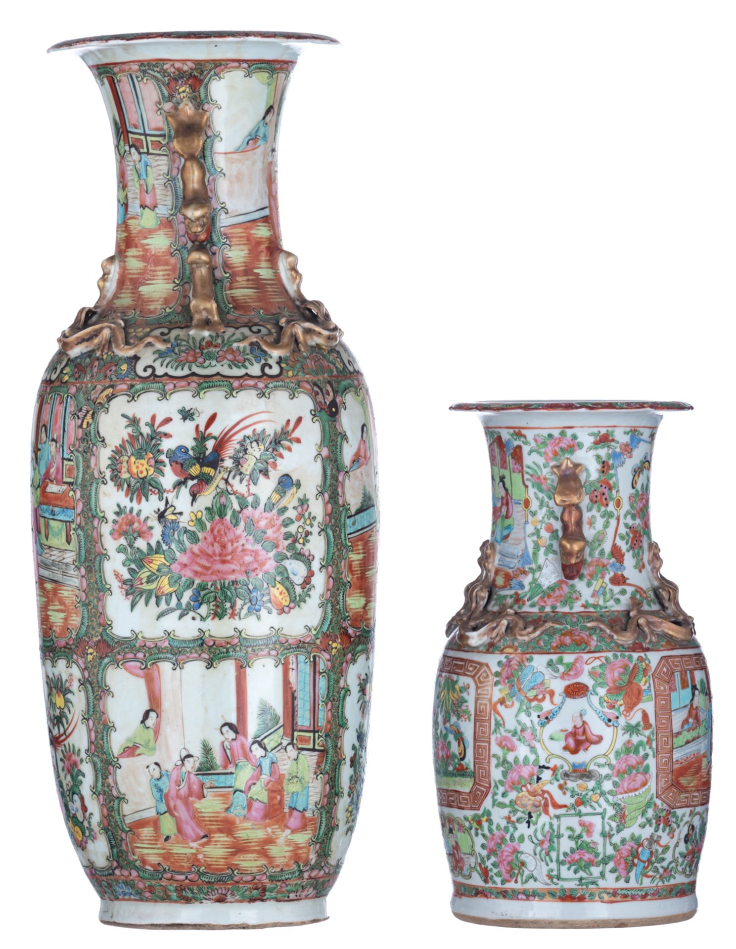 Two Chinese Canton polychrome vases, decorated with figures, birds and flowers, H 35,5 - 60 cm - Image 3 of 7