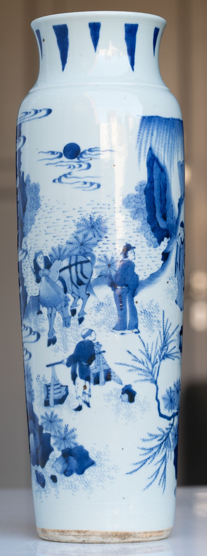A Chinese Transitional period blue and white cylindrical vase with incised details, decorated with a - Image 9 of 22