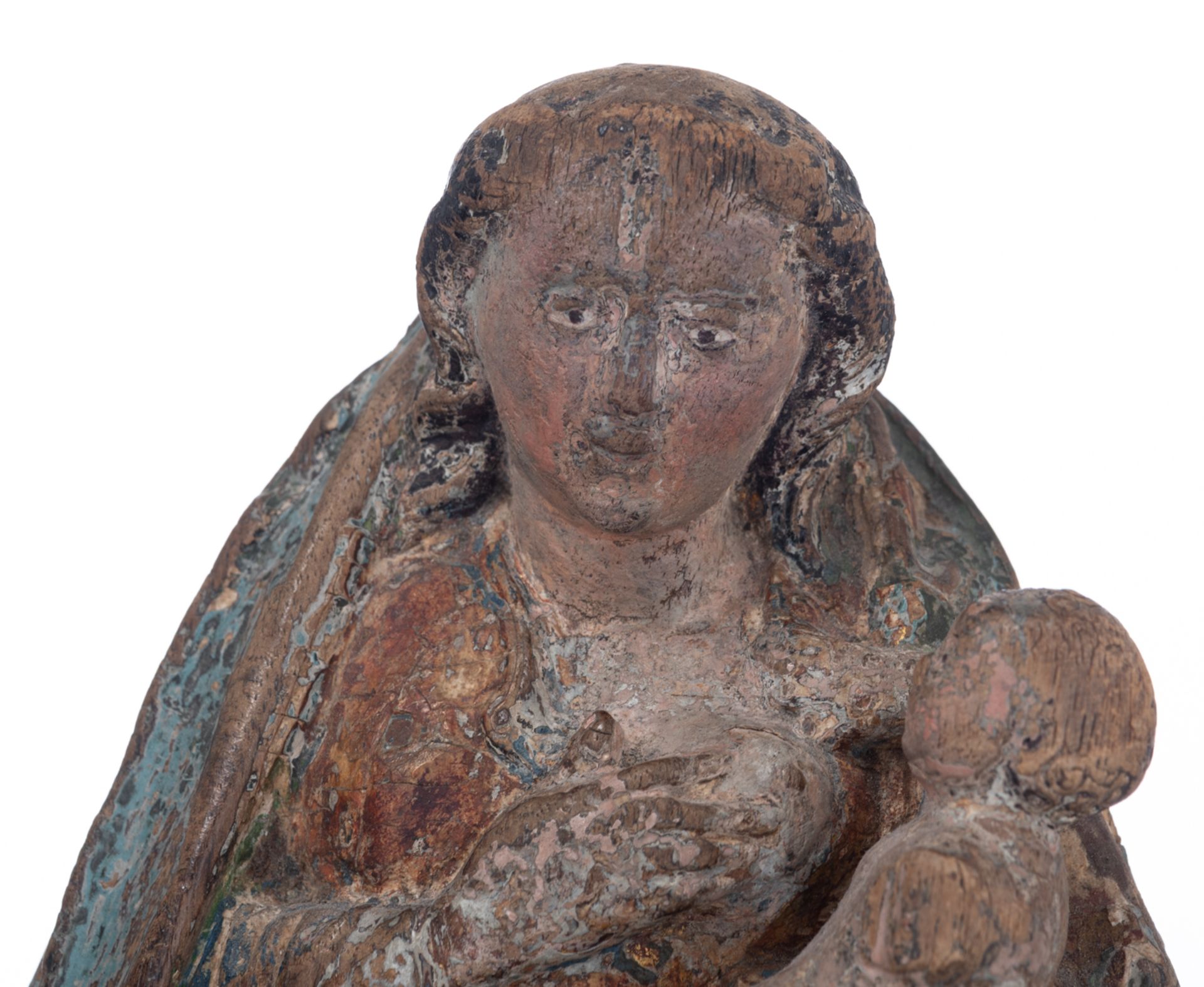 A 16th/17thC oak sculpture with traces of polychrome paint representing the Nursing Madonna, Souther - Image 7 of 7