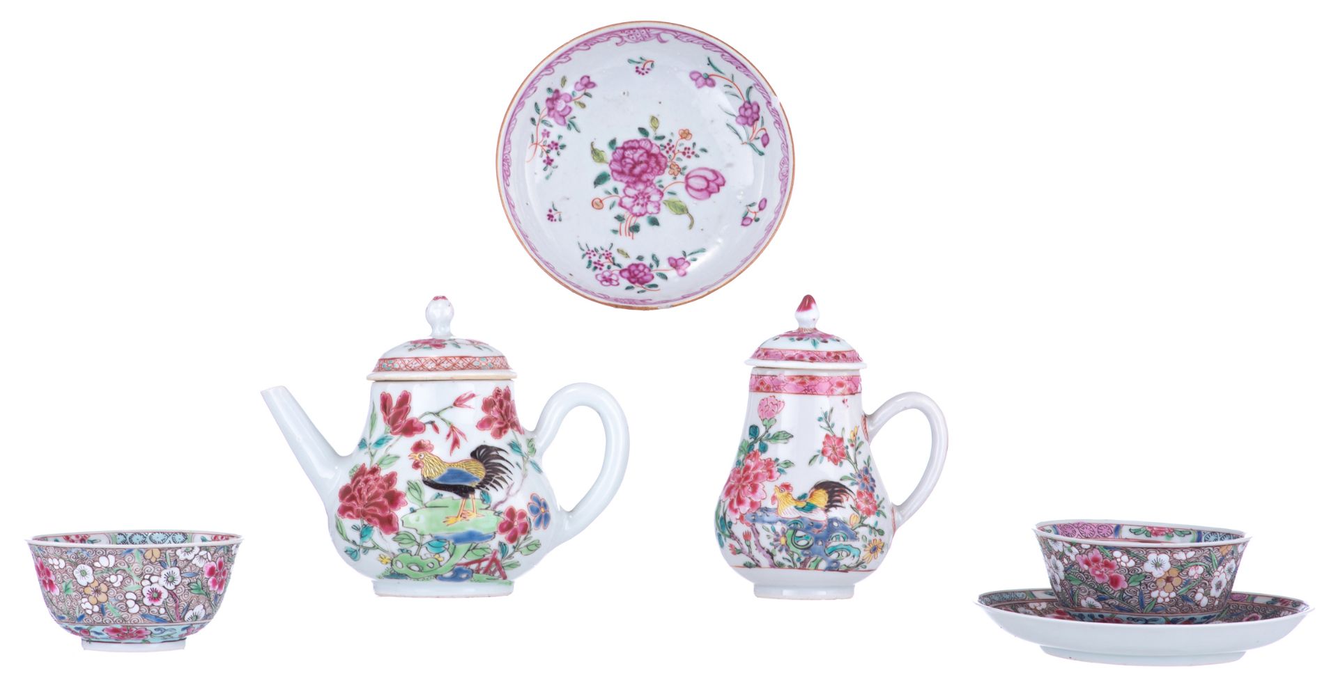 A Chinese famille rose export porcelain 'cockerel' teapot and sugar caster; added two ditto cups and