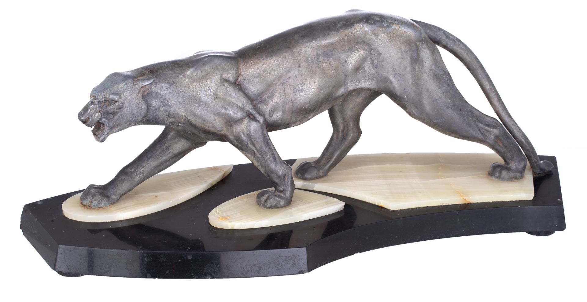 An Art Deco sculpture of a roaring panther, zamac on a noir Belge and green onyx base, H 18,5 - 24 -