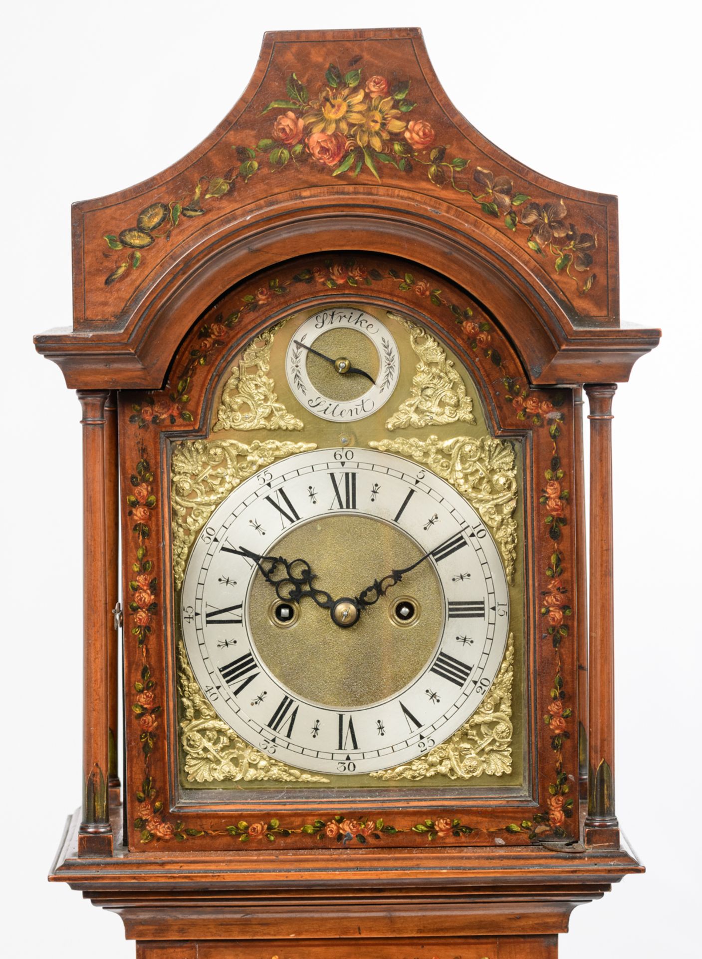 A fine mahogany veneered Victorian longcase clock, polychrome decorated with handpainted grotesques, - Bild 5 aus 15